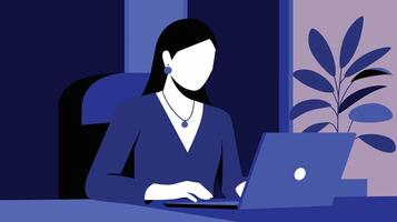 Illustration of a woman working on a laptop in an office setting, surrounded by a minimalist design in shades of blue. vector