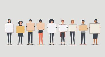 Diverse group of individuals holding blank signs, showcasing unity and expression. vector