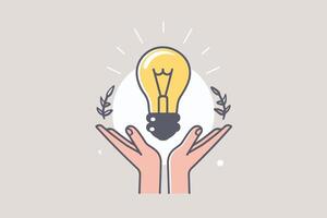 Illustration of hands cradling a glowing light bulb with laurel branches, symbolizing innovation and creativity. vector
