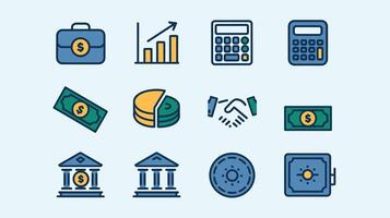 A collection of finance and banking icons featuring calculators, money, graphs, and security symbols in a minimalist design style. vector