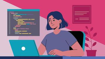 Illustration of a young woman programming on a laptop in a modern office with colorful accents, showcasing focus and creativity in a tech-driven environment. vector