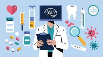 Illustration of a doctor with an AI head surrounded by medical icons, symbolizing the integration of artificial intelligence in healthcare. vector