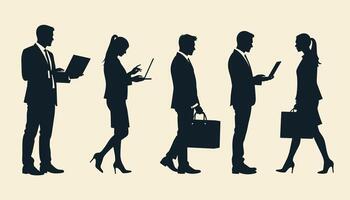 Silhouette of diverse business professionals engaging with technology, illustrating teamwork and communication. vector