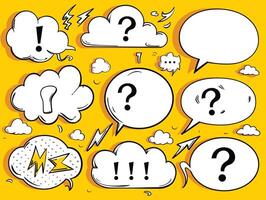 Comic-style speech bubbles with question marks and exclamations on a vibrant yellow background. vector