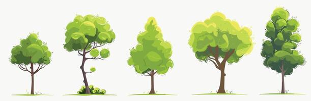 Illustration of five stylized green trees against a white background, showcasing diverse shapes and lush foliage. vector