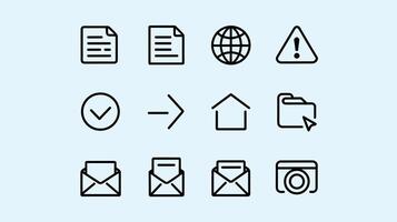 A set of minimalist black line icons on a light blue background, featuring documents, globe, alert, checkmark, arrow, house, folder, envelopes, and camera symbols. vector