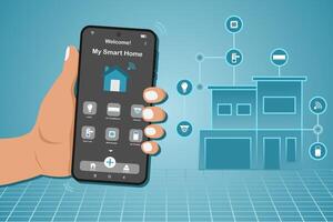 Hand holding a smartphone to use smart home app. Smart home technology interface on smartphone application vector