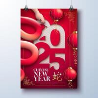 Happy Chinese New Year 2025 Poster with Snake Zodiac Sign and Paper Lantern on Red Scaly Pattern Background. Lunar New Year Traditional Design with Gold Chinese Language Snake Symbol for Flyer vector
