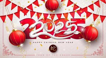 Happy Chinese New Year 2025 Banner with Snake Zodiac Sign, Paper Lantern and Party Flag on White Scaly Pattern Background. Lunar New Year Traditional Design with Gold Chinese Language Snake Symbol for vector