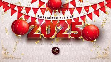Happy Chinese New Year 2025 Banner with Snake Zodiac Sign, Paper Lantern and Party Flag on White Scaly Pattern Background. Lunar New Year Traditional Design with Gold Chinese Language Snake Symbol for vector
