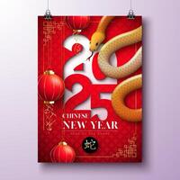 Happy Chinese New Year 2025 Poster with Snake Zodiac Sign and Paper Lantern on Red Scaly Pattern Background. Lunar New Year Traditional Design with Gold Chinese Language Snake Symbol for Flyer vector