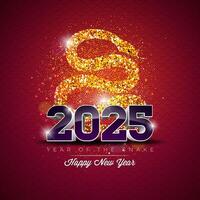 Happy Chinese New Year 2025 Banner with Glittered Snake Zodiac Sign and Falling Confetti on Shiny Background. Lunar New Year Traditional Design with Chinese Language Snake Symbol for Flyer, Greeting vector