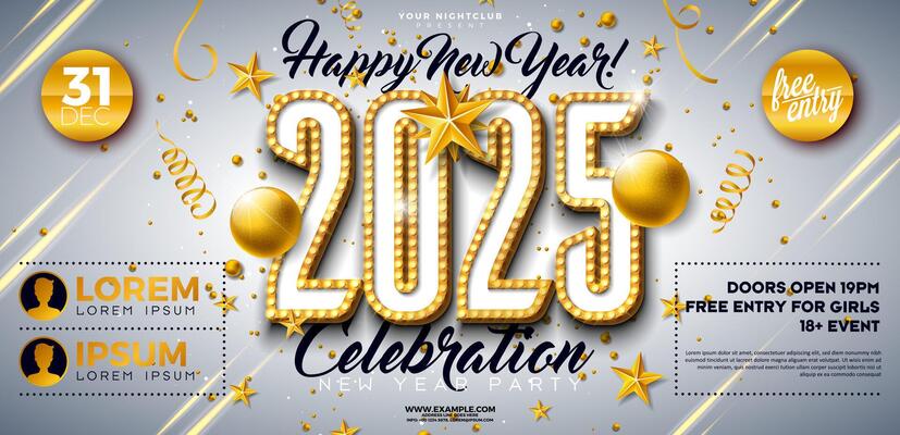 Happy New Year 2025 Party Celebration Banner Template Illustration with Glowing Light Bulb Billboard Number on White Background. New Year Eve Holiday Design. Premium Invitation Flyer or Promo