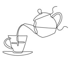 Continuous one single line drawing of teapot with tea and cup. Pouring drink. Hand drawn linear silhouette icon. Teapot and tea cup one line continuous drawing. Minimal outline design element vector