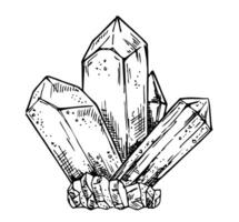 Quartz crystal isolated on white background. Crystal cluster, minerals, diamonds. Hand drawn gems sketch style. Illustration isolated on white vector