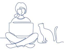 Continuous one line drawing of a woman. Line drawing of girl with laptop and cat continuous one hand drawn single line art design. Remote work on a laptop vector