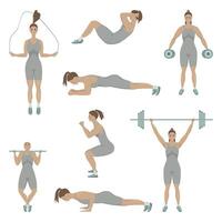 A set of physical exercises for fitness, weightlifting, keeping fit on a white background vector