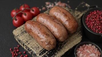 Chicken or pork sausages with salt, spices and herbs baked on the grill on a dark concrete background video