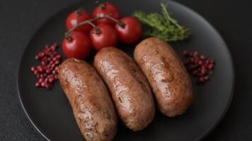 Chicken or pork sausages with salt, spices and herbs baked on the grill on a dark concrete background video
