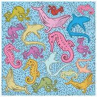 Sea Creatures Print Pattern with Doted Blue Texture, Seamless print Placement, vector