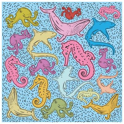 Sea Creatures Print Pattern with Doted Blue Texture, Seamless print Placement,