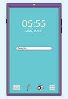Simple tablet or smartphone interface with a purple frame, clock, date display, search bar, and icons for email, camera. Useful for UI UX mockups, app concept design, or tech-focused graphics vector