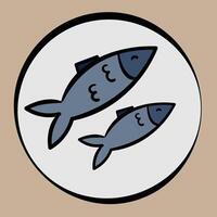 A simple illustration of two fish on a round white plate, outlined in black with minimal details,small fins, suitable for restaurant menu design elements, good for fish shop sign and social media vector