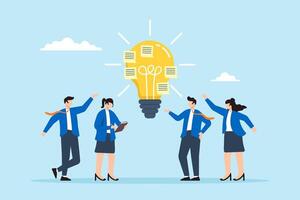 Flat illustration of business people brainstorming with sticky note on bright lightbulb idea effective team meeting discover solution vector