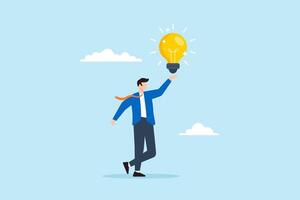 Flat illustration of businessman hold bright lightbulb creativity finding inspiration solution expert solving problem leader giving advise professional help eureka moment vector