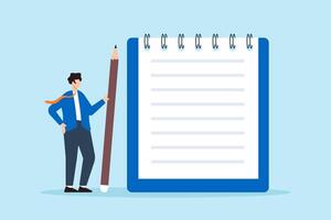 Flat illustration of businessman hold pencil write message on notebook paper documenting note information lecture record diary or article vector