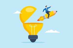 Flat illustration of man riding pencil rocket out of open light bulb creativity development new ideas boost creative thinking genius idea writing content vector