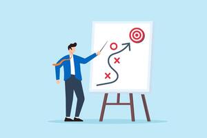 Flat illustration of smart businessman presenting business strategy on whiteboard marketing tactics project planning achieve target success winning vector
