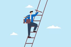 Flat illustration of businessman build ladder of success climb up step to overcome challenge achieve career growth improve opportunity job path vector