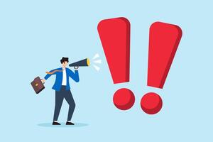 Flat illustration of businessman shout on megaphone with big exclamation mark warning of danger important message emergency loudspeaker attention safety urgency scream vector