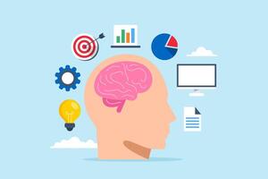 Flat illustration of human brain and business management elements expertise intelligence development new skills for success brainstorming knowledge vector