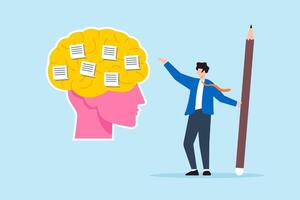 Flat illustration of businessman hold pencil write sticky notes on brain organizing idea task reminder of effective brainstorming planning vector
