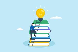 Flat illustration of man climb ladder on stack of book to find creative lightbulb creativity knowledge education to develop skill inspiration to get solution vector