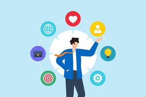 Flat illustration of confident businessman surrounded elements of soft skill networking problem solving management of creativity for success vector