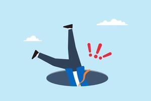 Flat illustration of terrified businessman fall into hole with exclamation mark failure and mistake risk of business crisis recession danger trouble loss or pit fall vector