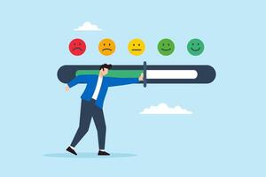 Flat illustration of man push customer feedback bar to excellent smile effort to improve product service rating survey review opinion vector