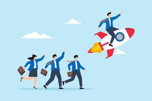 Flat illustration of business leader pointing direction riding rocket guiding team success innovation startup boost partnership productivity vector