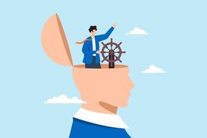 Flat illustration of businessman control steering wheel on head leadership thinking in business decision guidance to motivation mindset vector