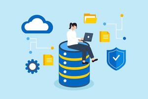 Flat illustration of businesswoman works with laptop on database system cloud computing secure data storage administration vector