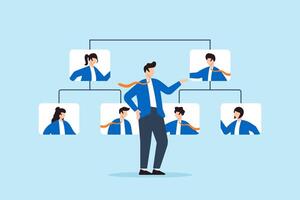 Flat illustration of businessman CEO reorganize employee role chart adjusting team structure human resources allocation efficiency vector