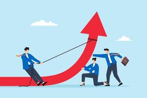 Flat illustration of businessman pull and business people team help push arrow graph upward teamwork or collaboration to growth improvement growing company vector