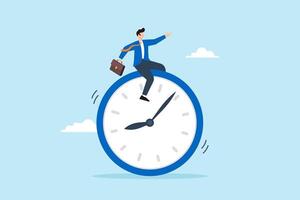 Flat illustration of businessman ride clock time management foresight in managing project deadline opportunity timer countdown progress vector
