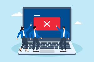 Flat illustration of people stare at laptop screen dead with cross sign software error cyber attack technical issue server down vector