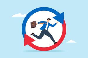 Flat illustration of businessman run on circle arrow diagram working habit life cycle daily routine efficiency procedure or process for success vector
