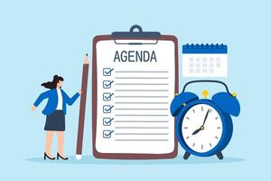 Flat illustration of smart businesswoman hold pencil write meeting agenda checklist with calendar and clock priority of important task vector