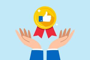 Flat illustration of businessman hand hold thumb up medal badge with ribbon endorsing high quality product employee performance with public approval vector